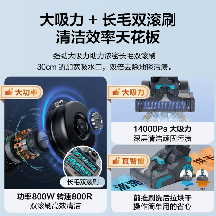 卡黛勒KADAILE地毯清洗清洁地面布艺清洗机家用商用酒店民宿台球室三合一烘干清洗机 珊瑚蓝 CW-211-CN增配（含布艺软管刷头）